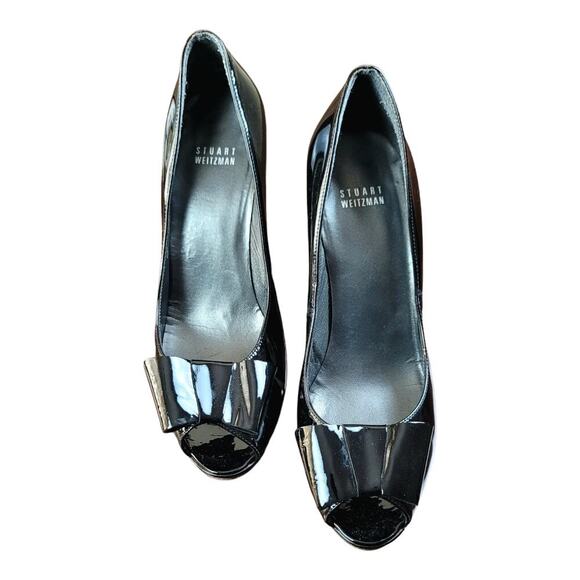 STUART WEITZMAN Peep Toe Patent Leather Stacked Block Heel Pumps with Front‎ Bow - Picture 1 of 8